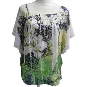 Cato White Knit Top Floral Flutter Sleeves Size Large
